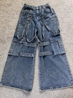 ROMWE JNCO STYLE PUNK GRUNGE WIDE LEG SKATER BAGGY BONDAGE STRAP JEAN WOMENS M